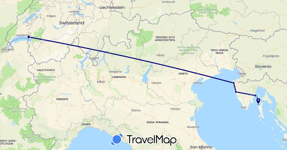 TravelMap itinerary: driving, boat in Switzerland, Croatia (Europe)